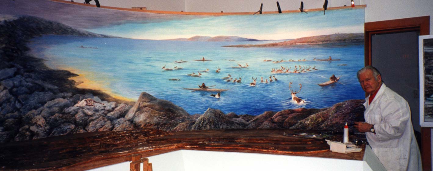 Clarence Tillenius working on Kazan River Diorama at Baker Lake Cultural Centre, NWT © 1998 Clarence Tillenius, click image to return to Tillenius Dioramas